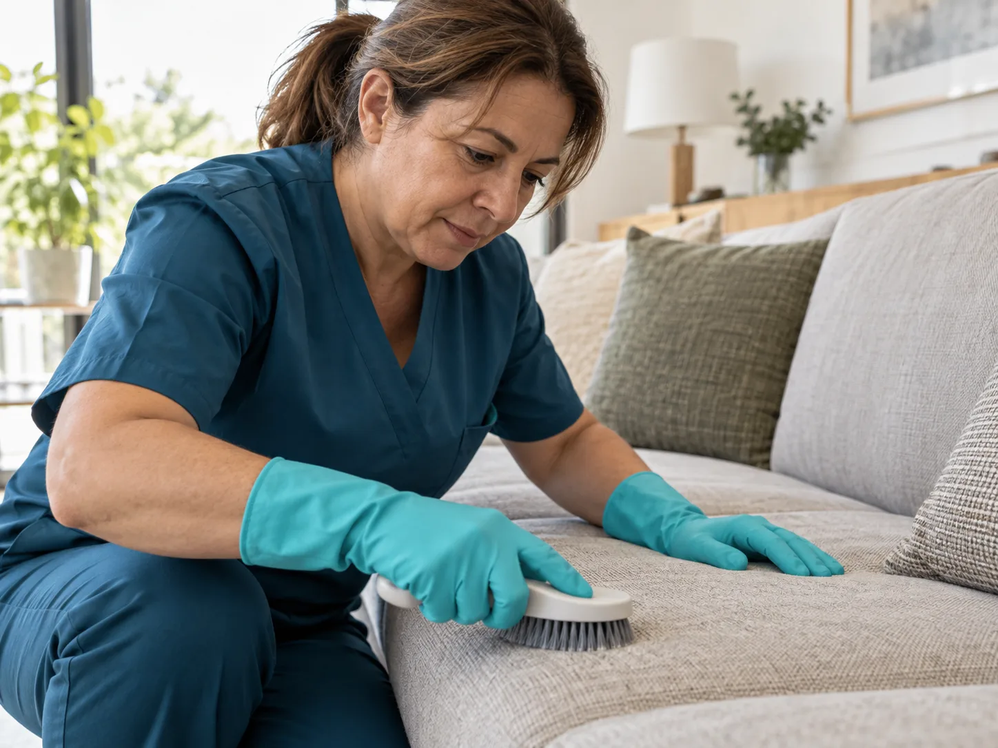 Limpieza de tapicerías: trabajadora limpiando las fibras de un sofá