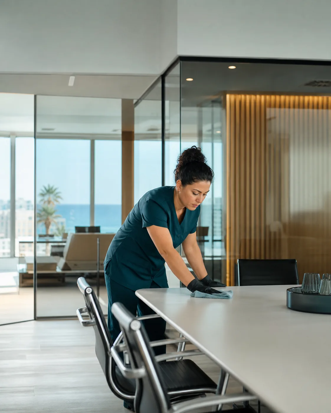 Limpieza profesional de oficinas: mesa de una sala de reuniones
